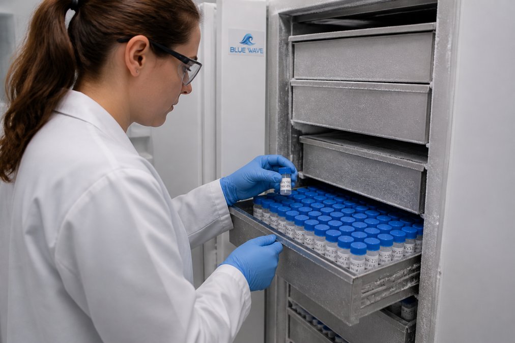 Professional researcher in lab coat organizing microcentrifuge tubes labeled with peptide identifiers in a cryogenic ultrafreezer drawer, showing proper storage arrangement with clear labeling and organized rows