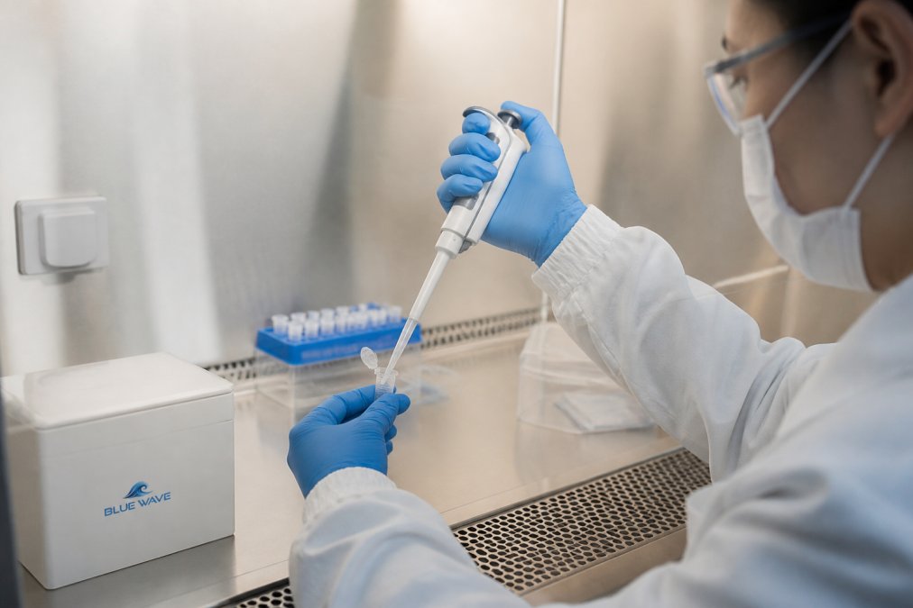 Researcher in sterile lab coat performing aseptic reconstitution technique, carefully pipetting buffer solution into a microcentrifuge tube containing lyophilized peptide powder under a laminar flow hood with proper lighting and sterile workspace