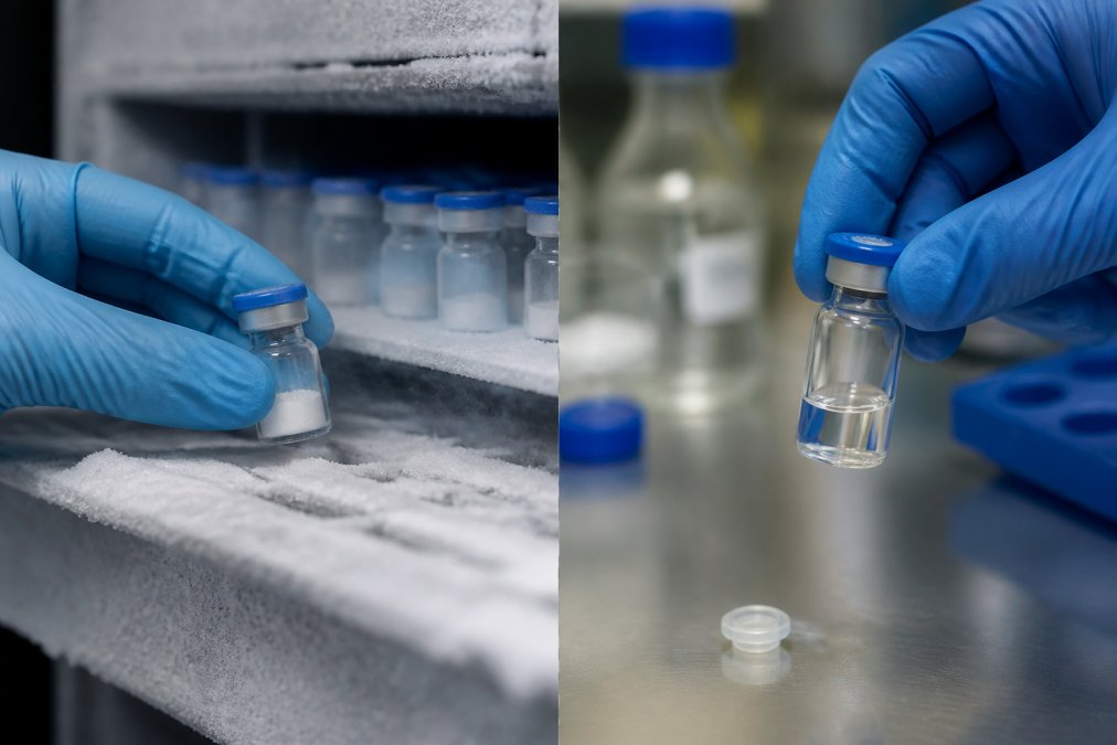 Close-up of a gloved hand placing a sealed glass vial of lyophilized peptide powder into a laboratory freezer rack, with frost visible on the edges