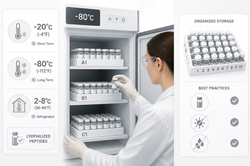 Laboratory scientist carefully placing lyophilized peptide vials into a freezer unit, showing proper storage setup with organized vial racks and temperature monitoring equipment