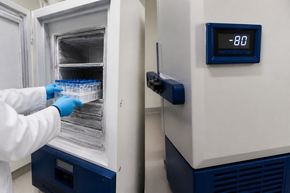 A gloved researcher placing labeled cryogenic vials into an open ultralow freezer, the digital temperature display reading -80°C visible on the door