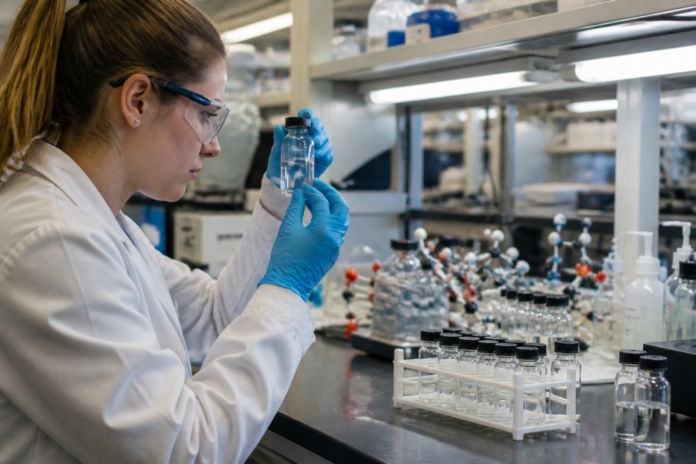 Laboratory technician in white coat examining clear vials containing peptide solutions under bright fluorescent lighting, with molecular model structures visible on the workbench behind them