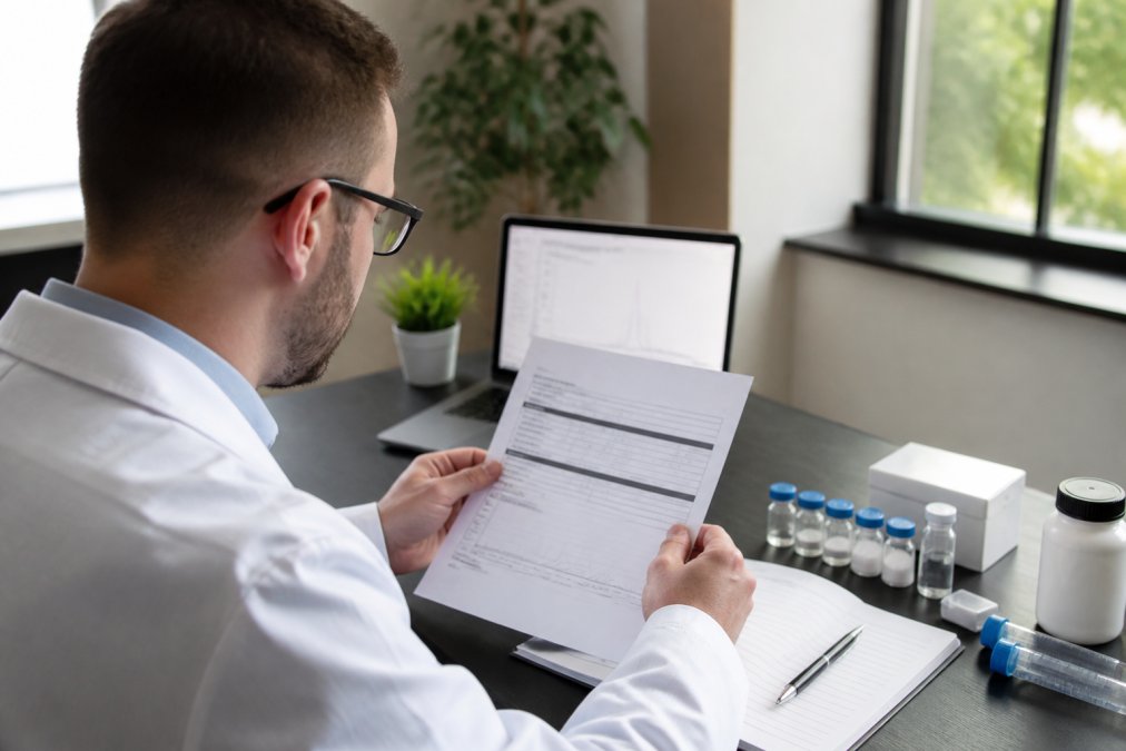 Researcher in professional attire reviewing a printed Certificate of Analysis document at a clean desk, with a laptop displaying chromatography data visible in the background, natural office lighting