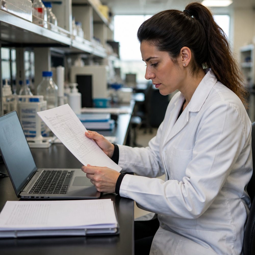 A laboratory researcher in a white coat reviewing a Certificate of Analysis document at a clean lab bench, with a laptop displaying a quality control database nearby