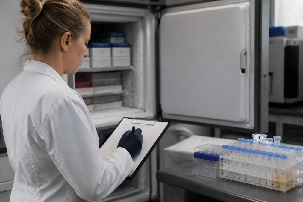 A researcher in a white lab coat writing temperature readings into a freezer log clipboard beside an open -20C freezer, with labeled peptide vials in a clear storage rack and a small storage case on the bench