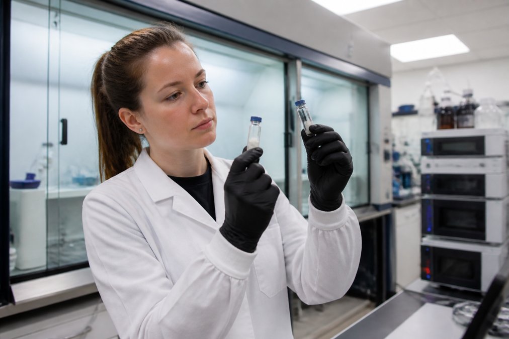Onderzoeker vergelijkt resultaten van peptide synthese en recombinante productie in een modern laboratorium.