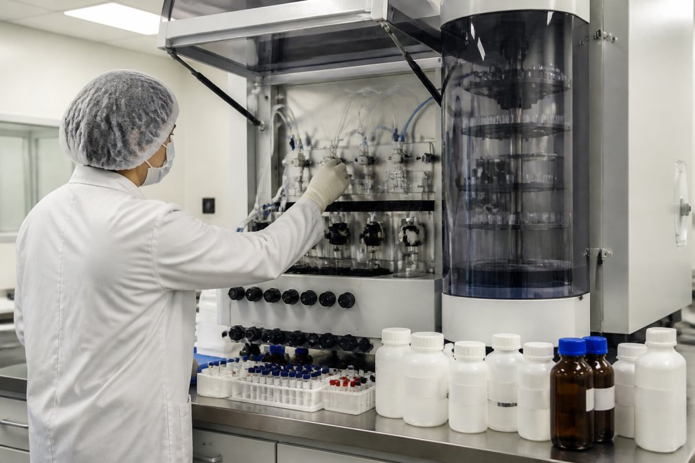 A laboratory technician in a cleanroom environment operating an automated peptide synthesizer, with vials of amino acids and reagents visible on the bench