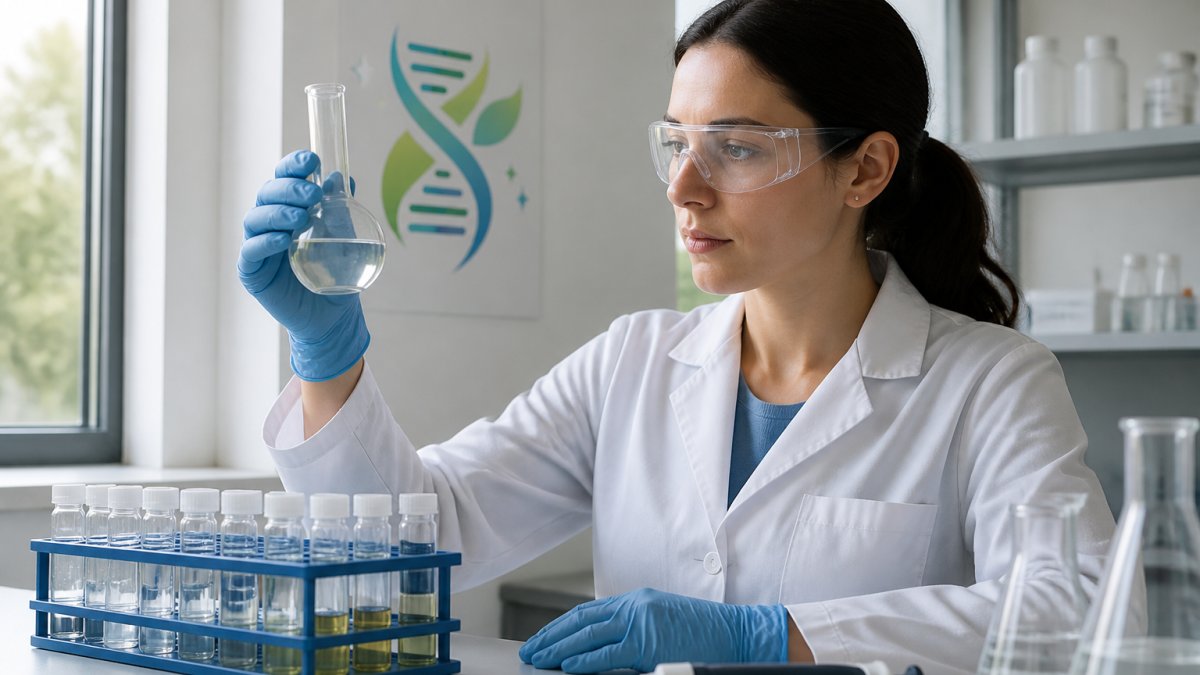 Researcher examining a glass flask in a lab while comparing peptide synthesis methods for a research project.
