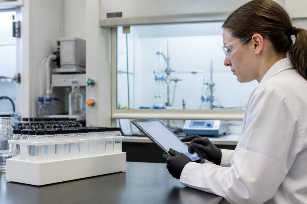 Researcher reviewing a peptide synthesis protocol on a tablet in a laboratory with labeled vials
