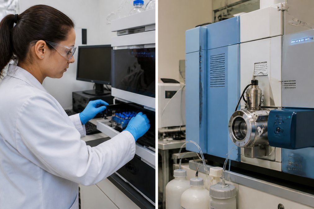 Lab technician using HPLC for peptide synthesis quality control methods by analyzing chromatogram peaks