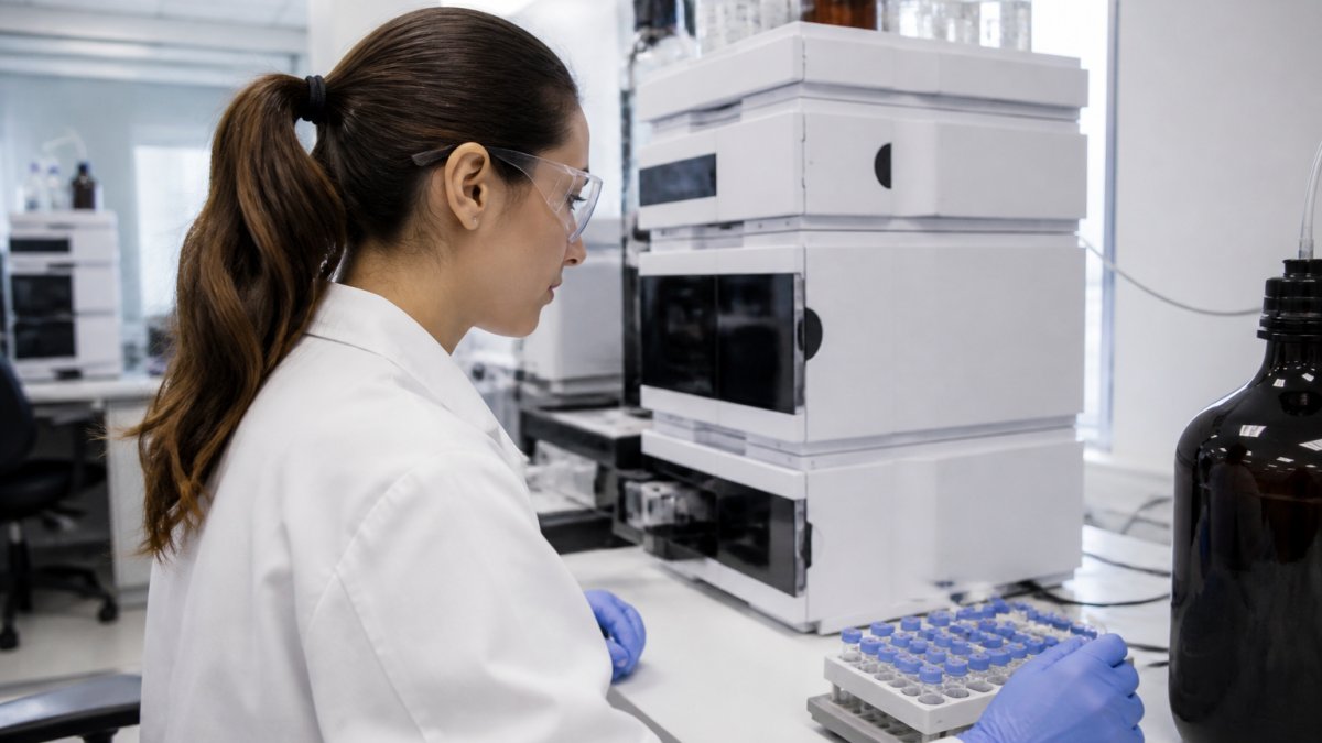 Professional biochemist examining HPLC chromatography results displayed on computer monitor in modern laboratory setting, with peptide sample vials visible on the bench in the background under bright lab lighting