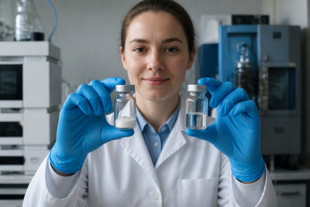 A scientist in a modern laboratory holding two labeled sample vials side by side, one containing white lyophilized powder and the other a clear solution, with analytical equipment visible in the background