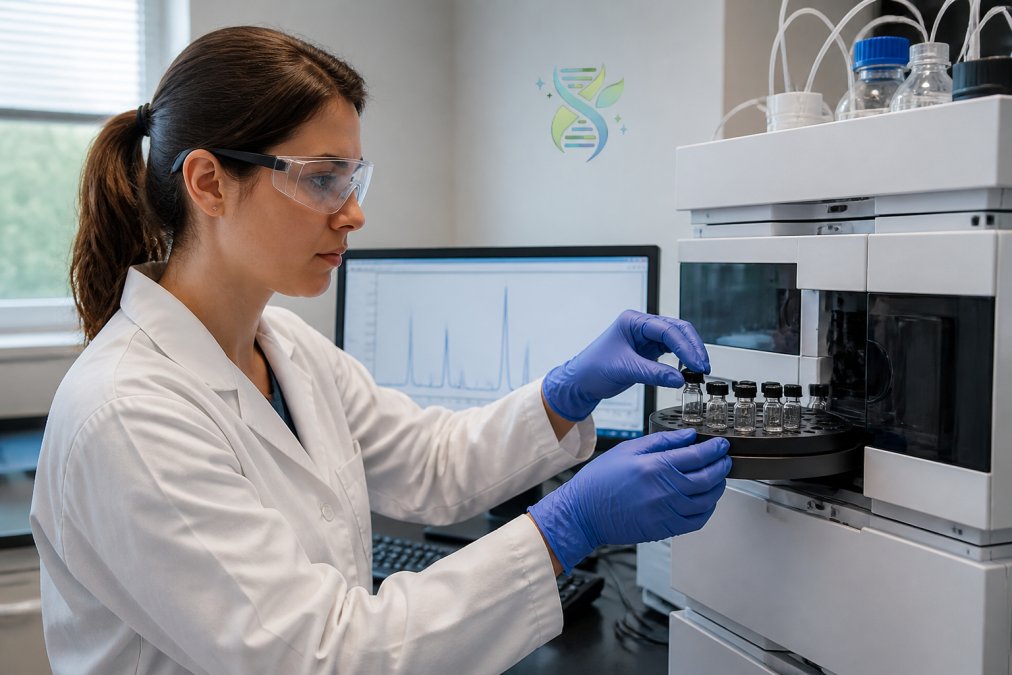Technician using HPLC equipment to analyze samples, illustrating the steps that influence peptide testing cost.