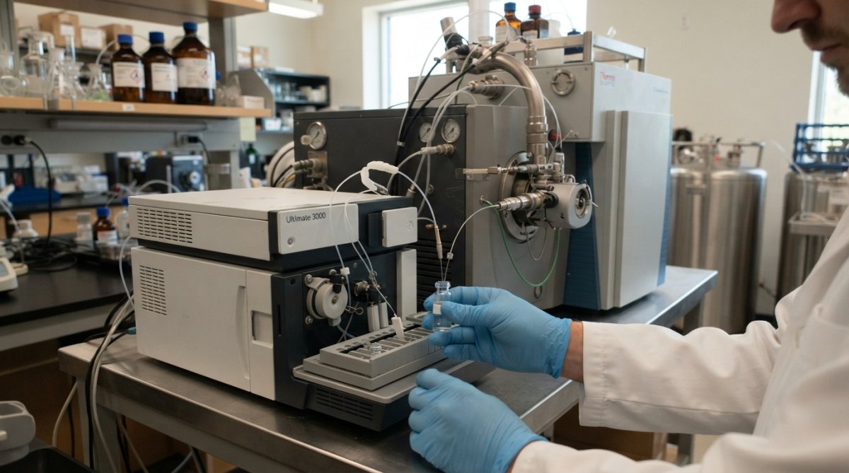 Laboratory technician working with high-resolution mass spectrometry equipment, viewing peptide analysis data on a computer screen in a modern research facility with specialized analytical instruments