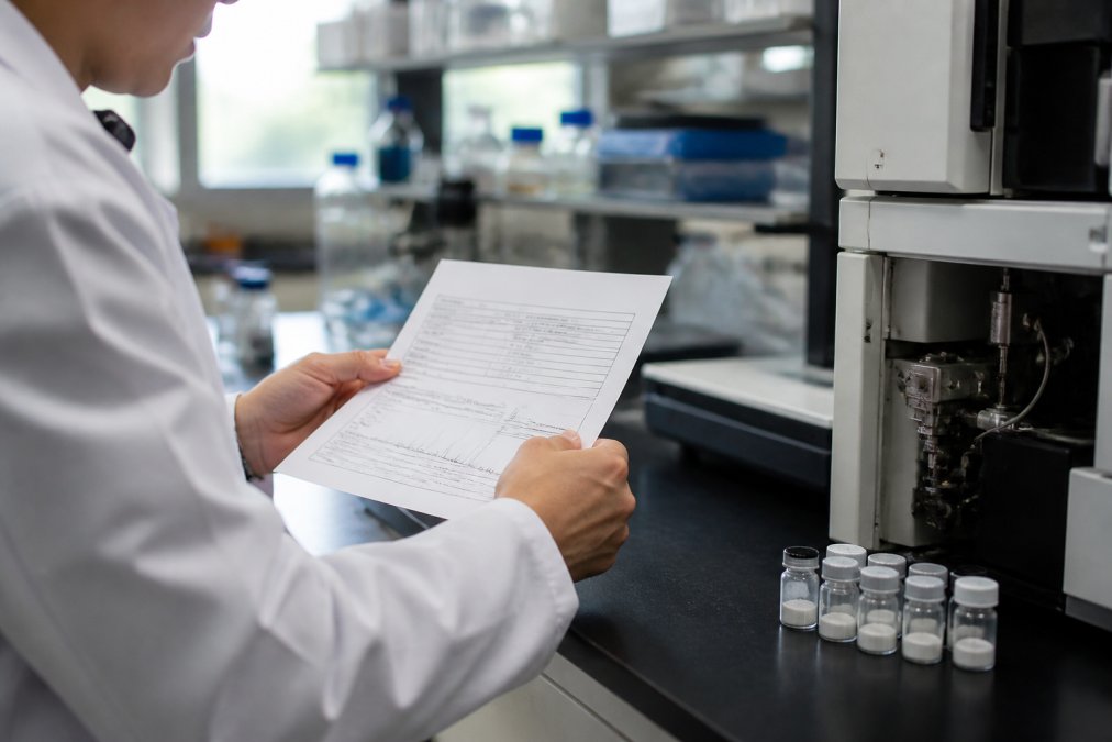 A researcher in a white lab coat holding a printed certificate of analysis next to a laptop displaying HPLC chromatogram peaks, with vials of lyophilized powder on the bench