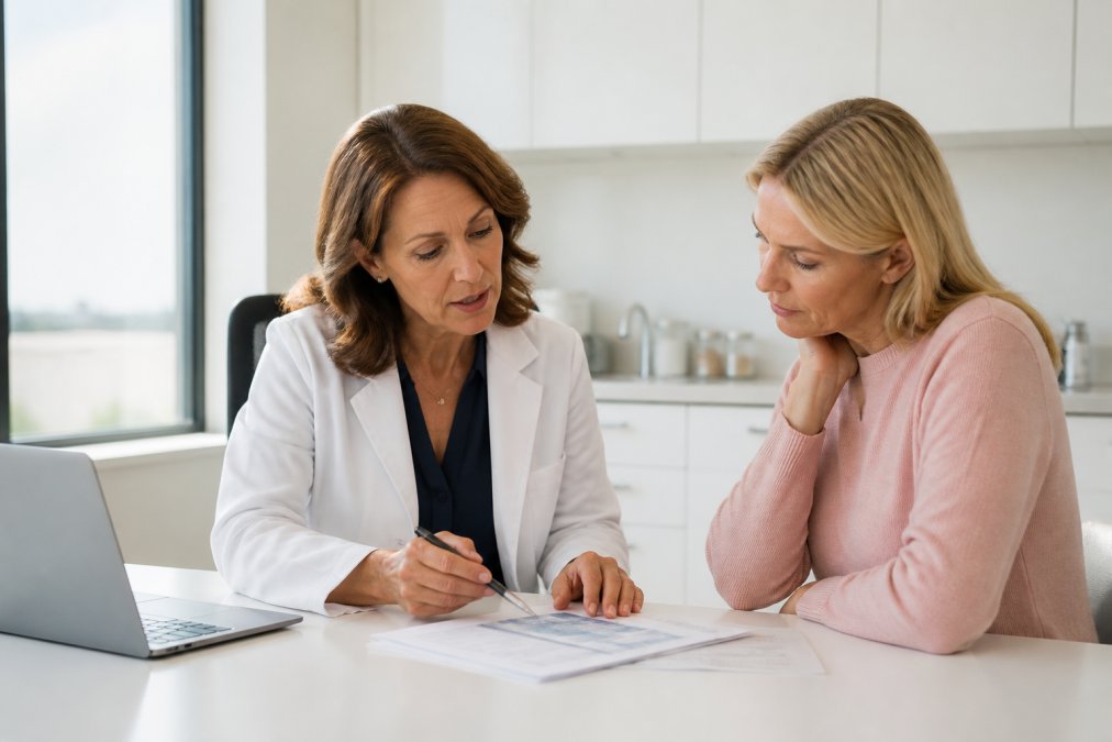 Physician discussing a personalized peptide therapy plan with a patient in a modern clinical exam room