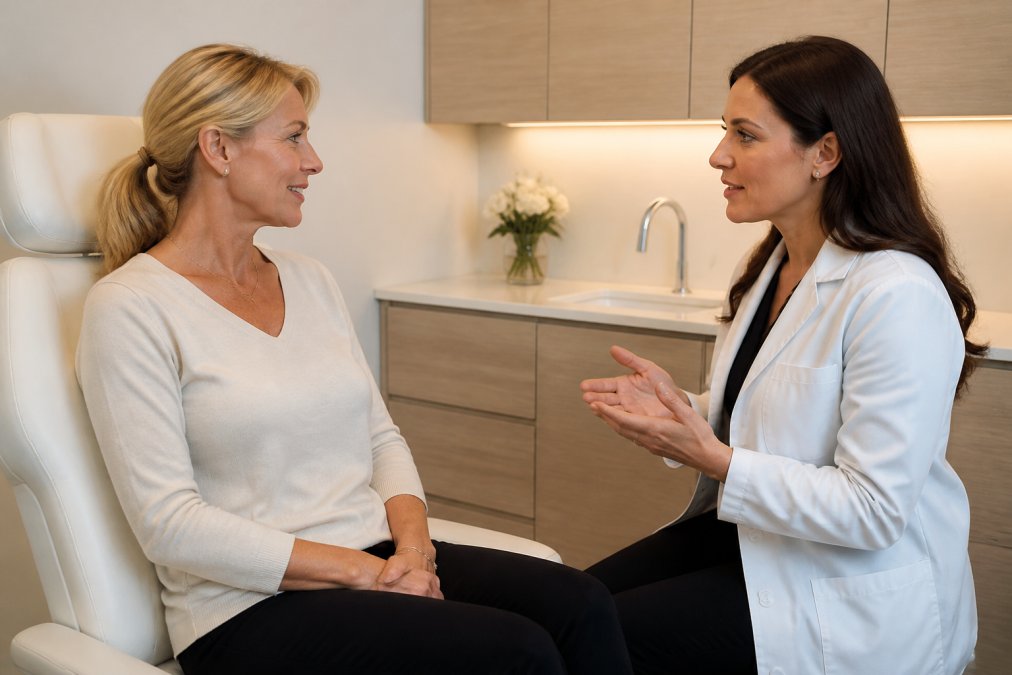 A medical professional in a clean, modern clinic room speaking with a female patient in her 50s, both looking engaged and relaxed during a consultation, warm overhead lighting and white walls