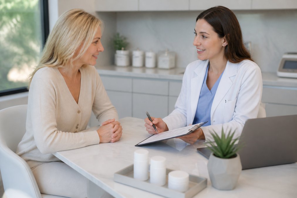 A medical professional in a clean, modern clinic reviewing a treatment plan with a middle-aged female patient, both smiling and engaged in consultation