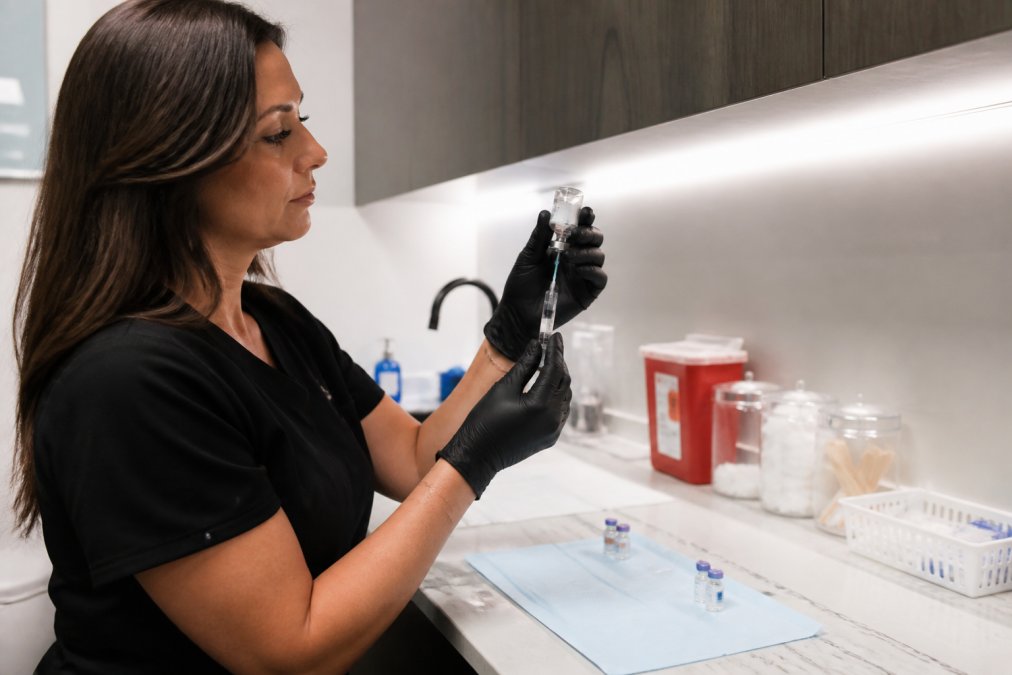 Healthcare professional preparing peptide injection in clinical setting with medical equipment and sterile supplies on counter, demonstrating proper technique under clinical lighting