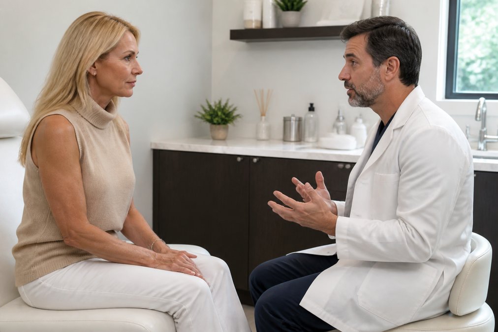 Patient receiving peptide therapy consultation with doctor in modern wellness clinic, demonstrating professional medical environment with natural lighting and contemporary medical furnishings