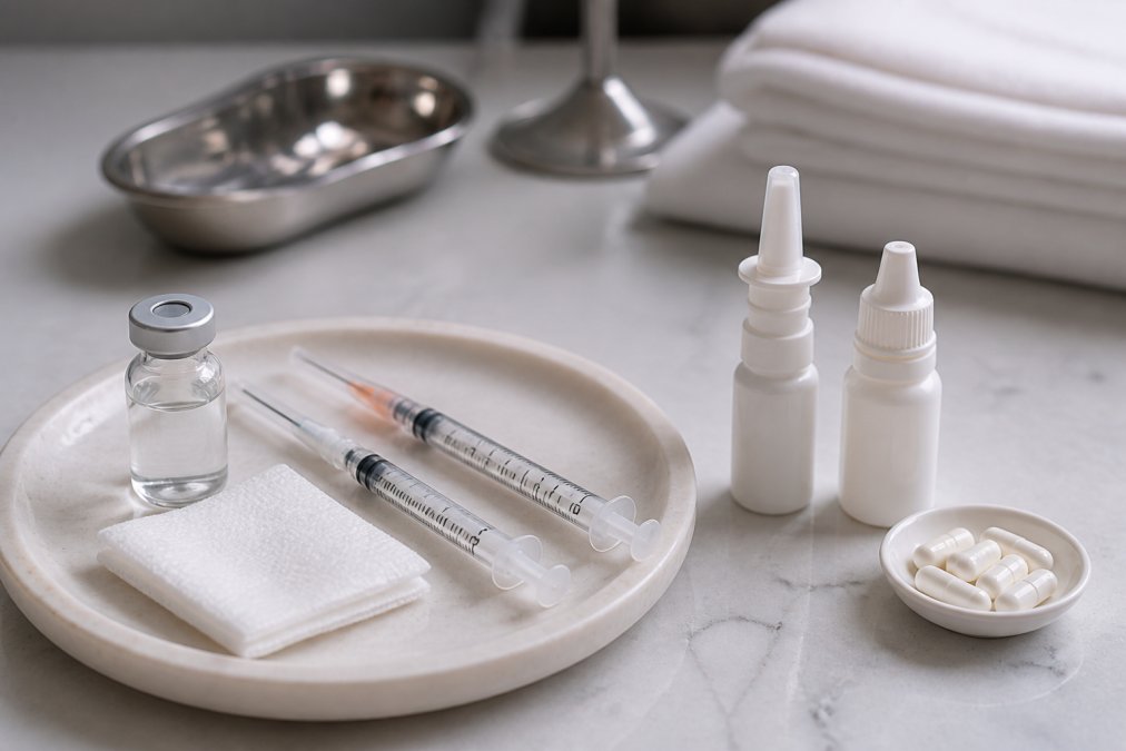 Close-up of peptide therapy administration equipment including sterile syringes, alcohol prep pads, and vial on clean medical surface with clinical lighting