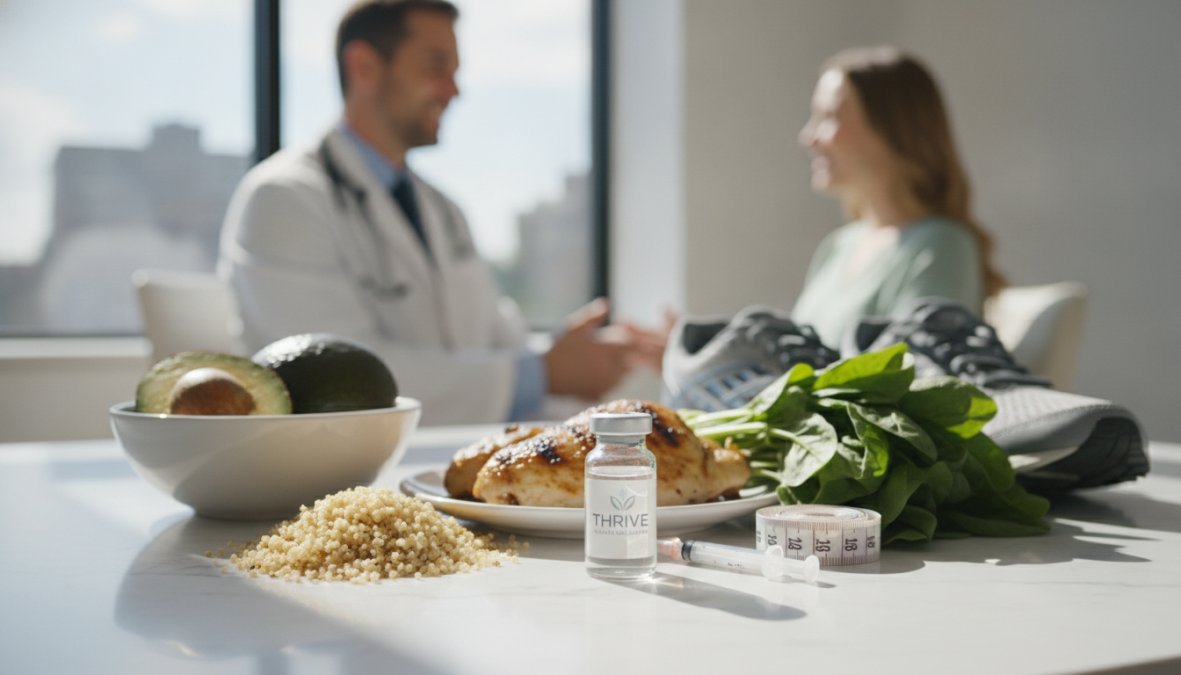 Healthcare professional administering a subcutaneous peptide injection to a patient's arm in a clinical setting with modern medical equipment visible