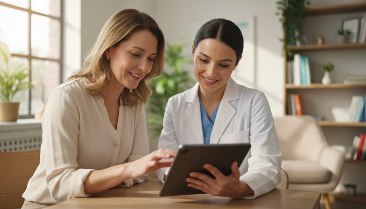 A woman in her mid-40s sitting in a bright, modern wellness clinic speaking with a female healthcare provider, both looking at a tablet together, with warm natural light from a window, conveying trust and informed medical consultation