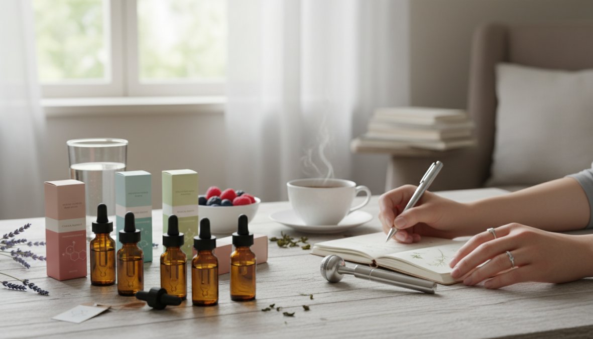 Close-up of a small medical vial and syringe on a clean white surface next to a glass of water and a prescription notepad, with soft clinical lighting, representing different peptide delivery formats in a medical setting