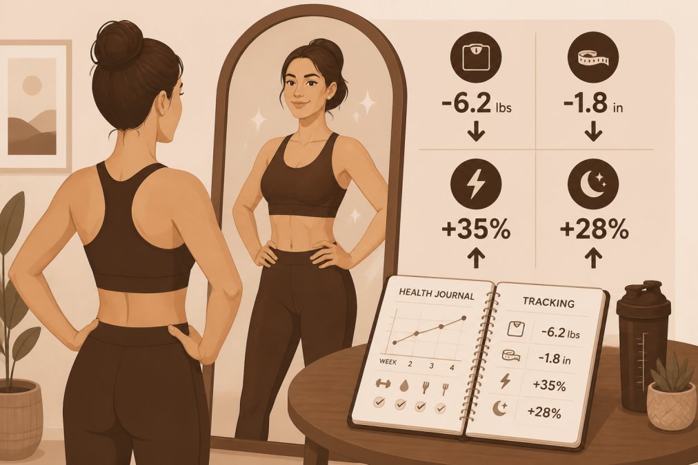 Person looking at themselves in a mirror with improved posture and confidence, with a health journal and tracking notes visible on a nearby table