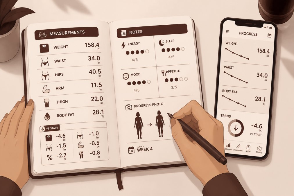 Close-up of hands writing in a health journal with fitness measurements and notes visible, alongside a smartphone showing a tracking app