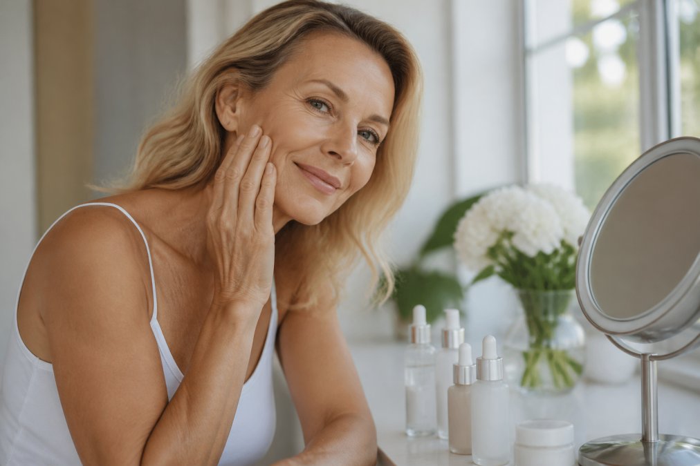 A woman in her fifties with radiant, natural-looking skin smiles while gently touching her cheek, sitting at a vanity with a few unbranded serum bottles and a small mirror, soft daylight from a nearby window