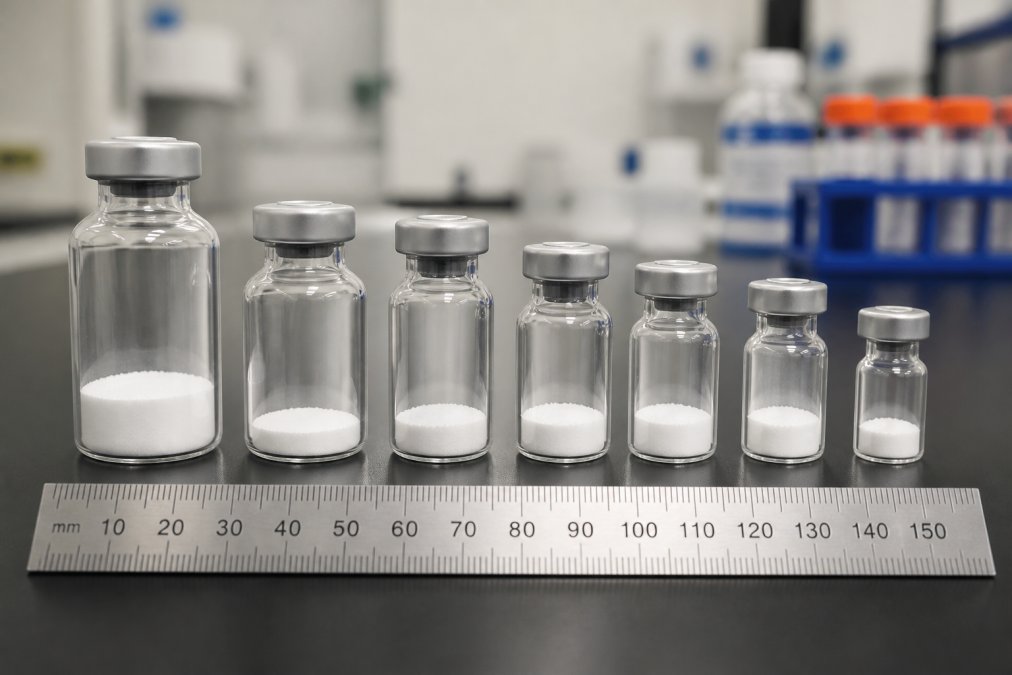 Close-up of multiple labeled peptide vials arranged on a lab bench with a ruler showing measurements, demonstrating standard vial heights and diameters in a research setting