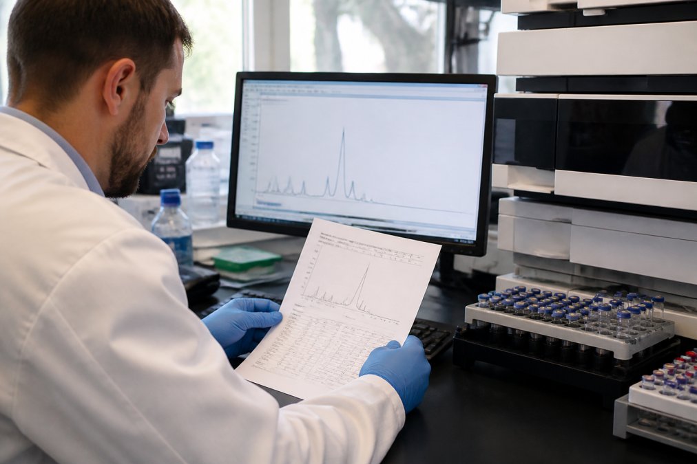 Researcher in white coat examining a Certificate of Analysis document at a laboratory bench with a computer screen displaying HPLC chromatogram data, peptide vials in organized racks, and analytical equipment visible in soft natural light