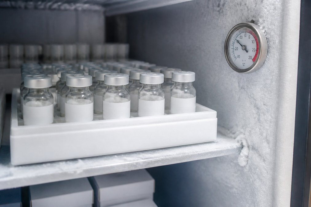 Gevriesdroogde peptide-samples in geëtiketteerde flessen opgeslagen in een laboratorium-vriezer met thermometer zichtbaar