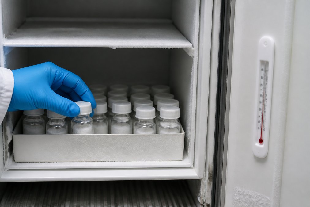 Gevriesdroogde peptide-samples in gelabelde flessen in een laboratoriumvriezer om de peptidekwaliteit te garanderen.