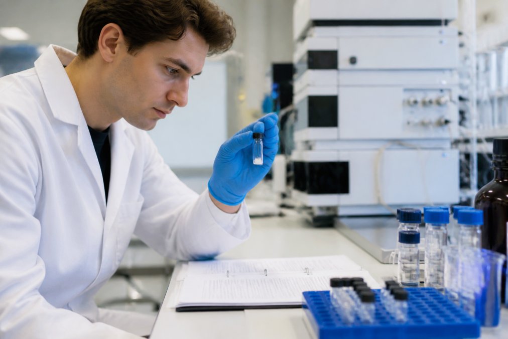 Onderzoeker in laboratoriumjas die voorzichtig een gevriesdroogde peptide-vial inspecteert en documentatie raadpleegt op een bureau met laboratoriumbenodigdheden