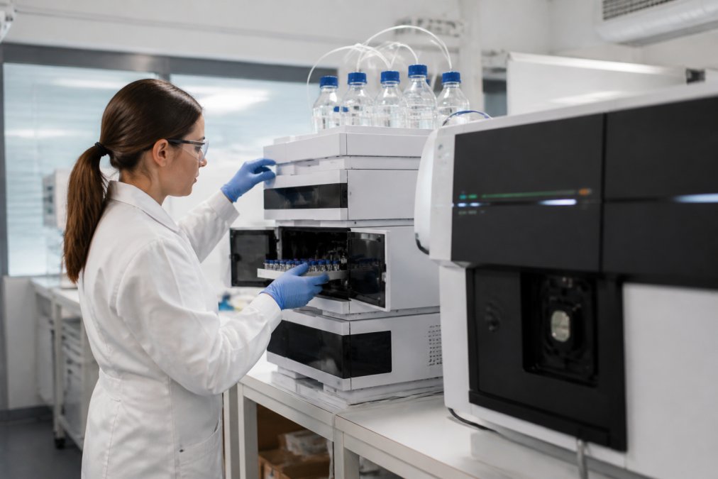 Laboratoriumtechnicus die een HPLC-apparaat bedient met computermonitor die analyseresultaten en chromatogrammen toont in moderne onderzoeksomgeving met witte laboratoriumjas