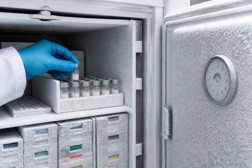 Gelyofiliseerde peptiden in transparante vials opgeslagen in professionele laboratoriumfreezer met thermometer zichtbaar op -80°C, steriele laboratoriumomgeving