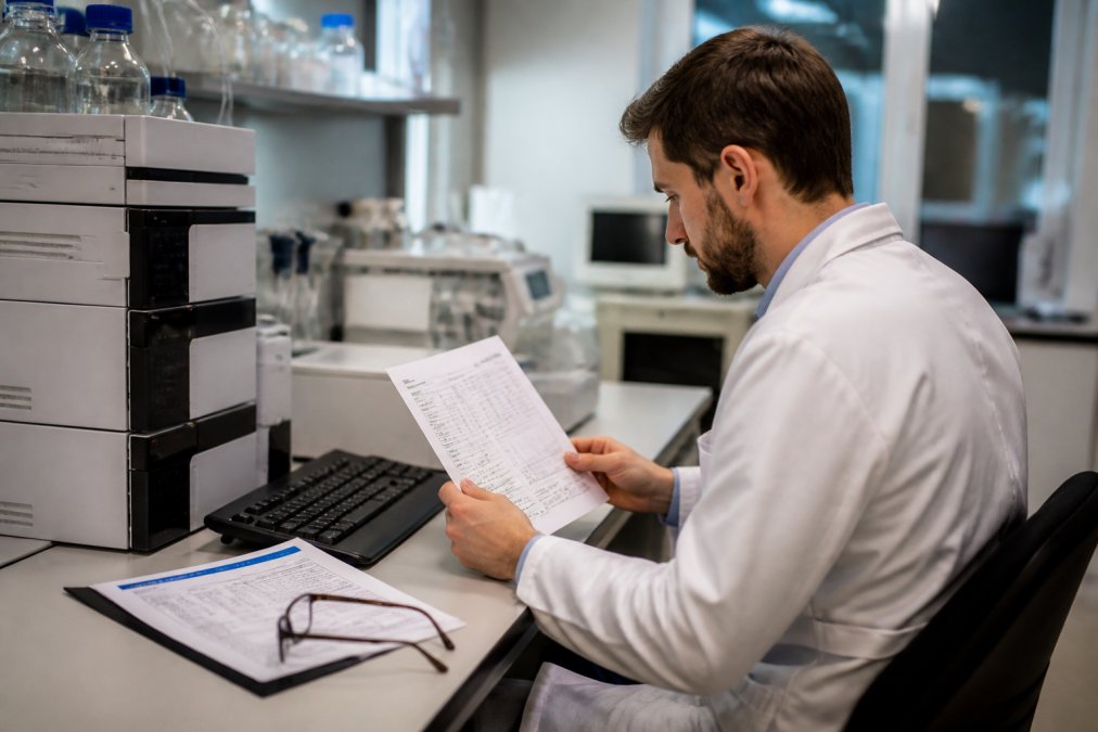 Onderzoeker die een Certificate of Analysis bestudeert op een computermonitor in een professioneel laboratorium, met een geprinte testrapport naast het toetsenbord en een bril op het bureau