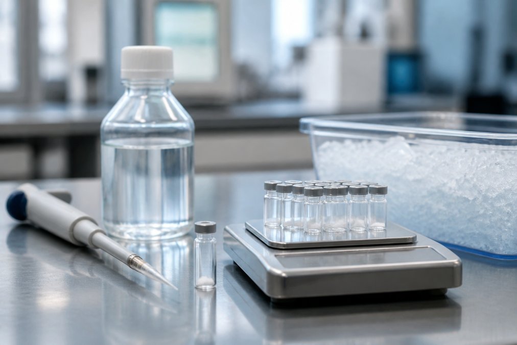 Laboratoriumopstelling met een kleine vial peptidepoeder, een pipet, bacteriostatisch water in een fles, en een reeks kleine opbergvials op een precisieweegschaal en in een ijsbad