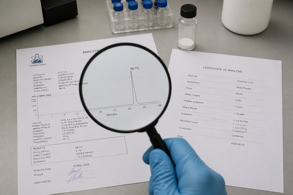 Twee analysecertificaten naast elkaar, één authentiek met HPLC-chromatogram, laboratoriumlogo en gedetailleerde data; één vervalst met alleen getallen en generieke opmaak, onder een lupe op een onderzoekstafel