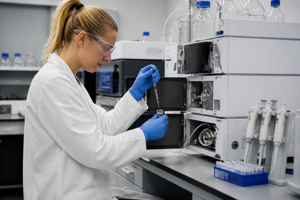 Laboratoriumtechnicus die voorzichtig een peptideoplossing in een HPLC-apparaat injecteert, met geavanceerde displays en precisie-pipetten op een schone, georganiseerde werkbank in professioneel laboratoriumlicht