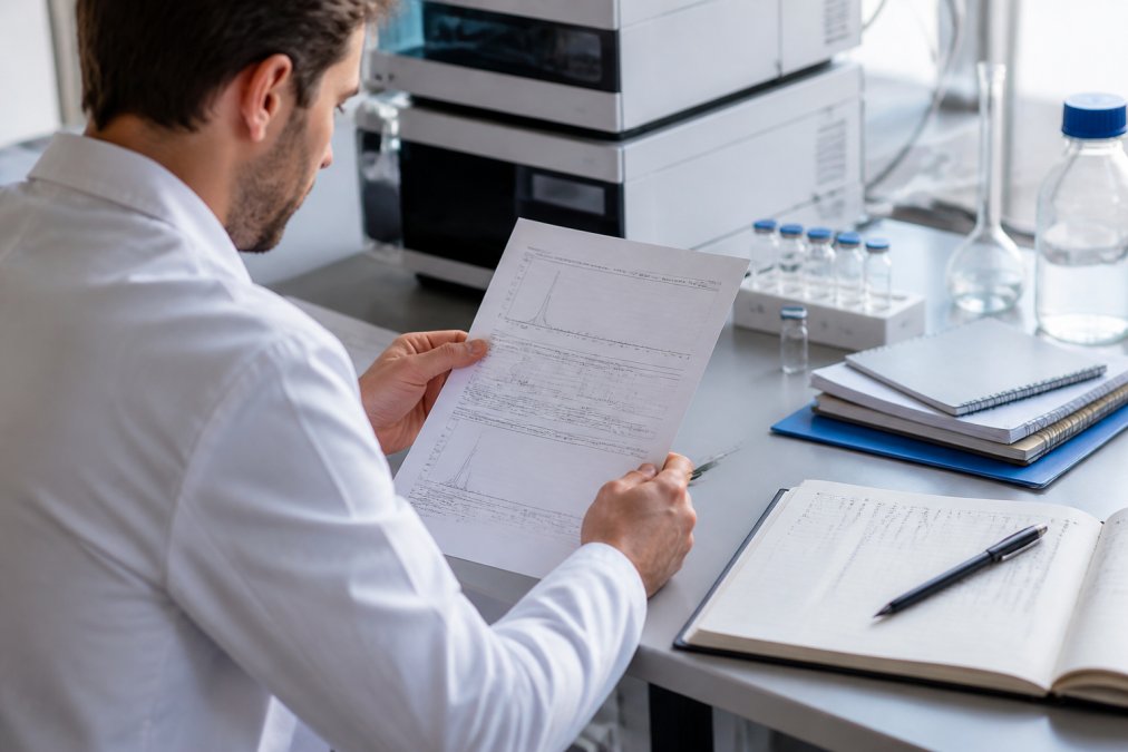 Onderzoeker die een gedetailleerd testrapport met HPLC-chromatogrammen en numerieke data bestudeert aan een bureau, omgeven door laboratoriumnotities en referentiematerialen in professioneel daglicht