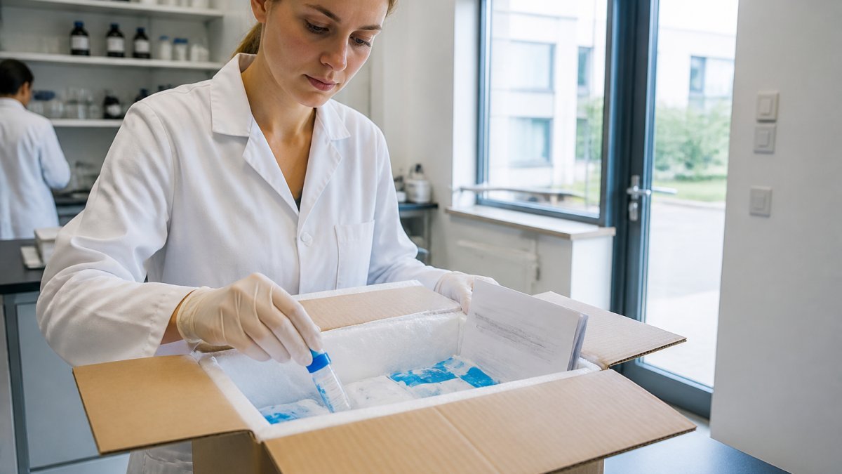 Professioneel verpakte onderzoekspeptiden in thermische isolatiebox met koelelementen, labeletiket en documentatie, klaar voor verzending