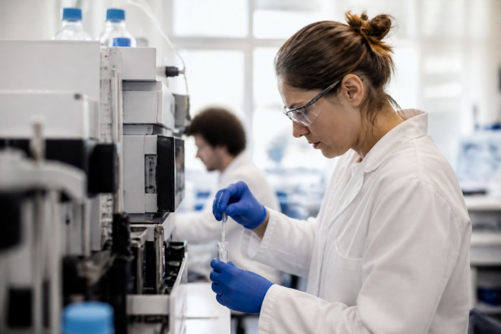 Laboratoriumtechnicus die voorzichtig pipetterend werk verricht aan een geavanceerde HPLC-machine in een schoon laboratorium, met precisie-instrumenten en digitale displays zichtbaar