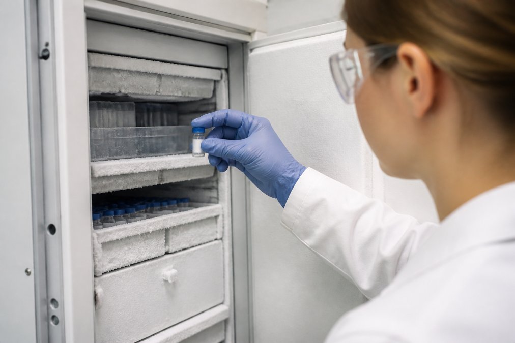 Onderzoeker die voorzichtig een peptide-vial uit een gekoelde opslagunit haalt, met laboratoriumhandschoenen en beschermende uitrusting zichtbaar, in een schoon laboratoriumomgeving