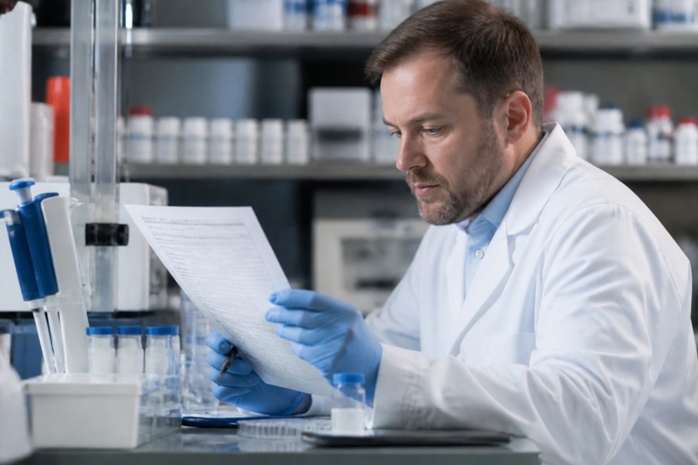 Onderzoeker in laboratorium bekijkt peptidespecificaties en certificaten van analyse op computerscherm met dubbele monitoren