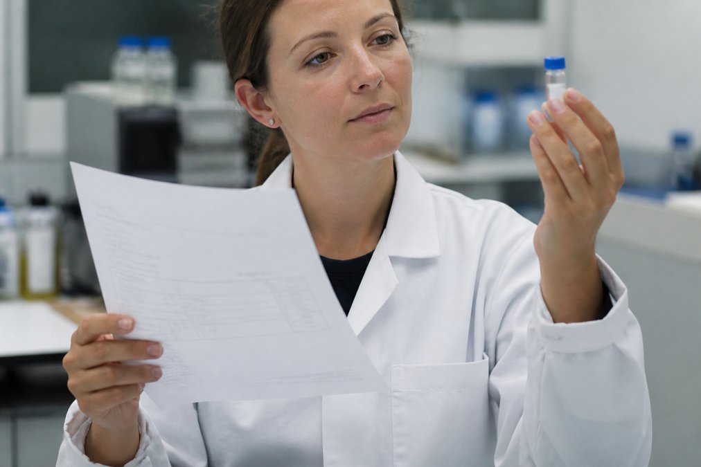 Close-up van een laborant die een HPLC-analysecertificaat en een gevriesdroogde peptide-vial vasthoudt in een schoon laboratorium met helder tl-licht