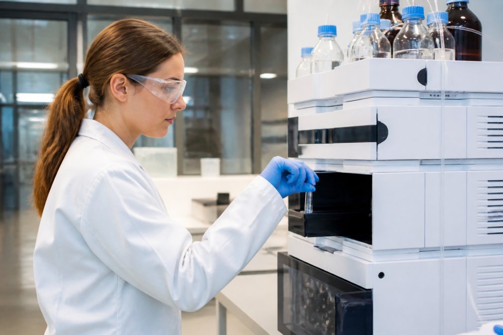A researcher in a white lab coat carefully placing a small glass vial into an HPLC machine in a bright laboratory, with analytical equipment visible in the background