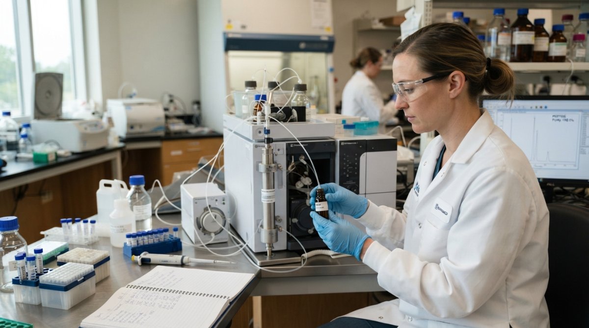 Laboratoriumtechnicus die HPLC-apparatuur bedient in een moderne onderzoeksruimte met monitors, computerschermen en analytische instrumenten op de achtergrond
